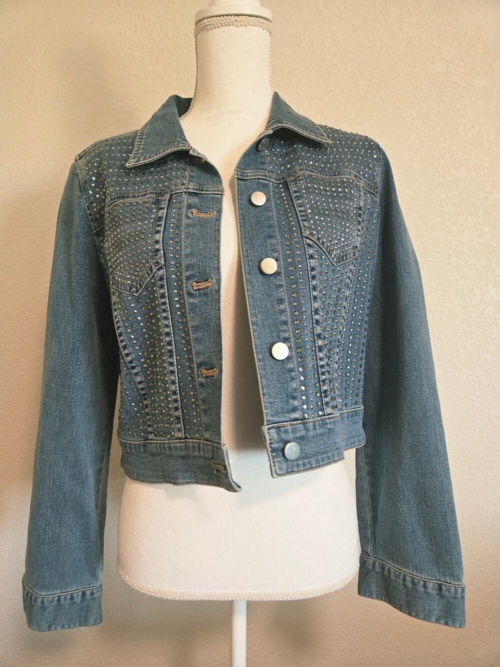 Chico’s Platinum Plus 1 Embellished Rhinestone Denim Jacket Glam Studded Blue